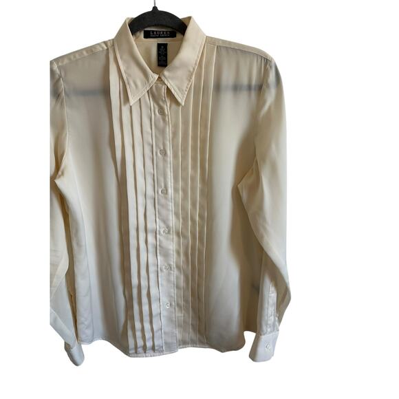 Lauren by Ralph Lauren Women's Medium Cream Pleated Front Collar Button Up Top - Picture 4 of 11